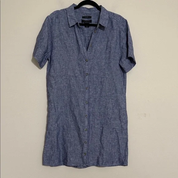 Tahari Casual Blue Button Down Shirt dress chambray linen women L beach vacation - Picture 1 of 8